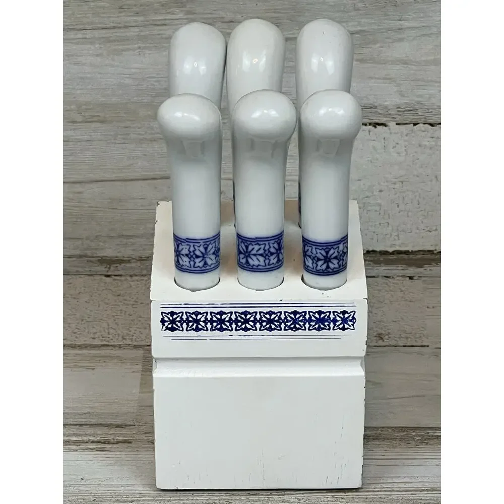 Vintage Blue White Ceramic Cheese Spreader Knife Set w/ Wood Block Japan 4 Pc